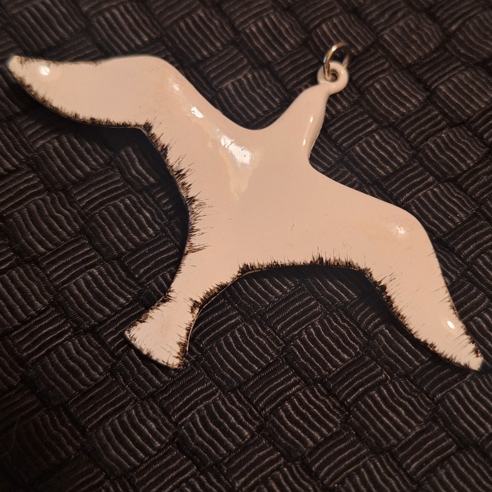 Enamel Seagull Tern or Ocean Bird Pendant Metal, White with Black Vintage EUC